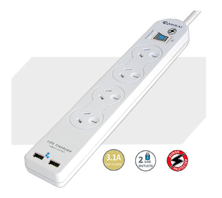 Sansai 4 Way Basic Powerboard USB Ax2 4 Outlets Master Switch Surge and overload protection1M Length Sansai 4 Way Basic Powerboard USB Ax2 4 Outlets Master Switch Surge and overload protection1M Length